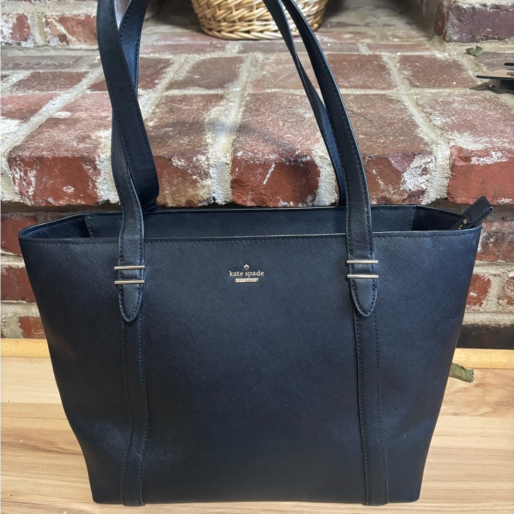 Kate Spade Large Black Leather Tote, minor stain on lining